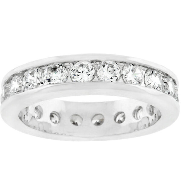 Eternity band with round cubic zirconia in a channel setting, rhodium plated over lead free alloy (brass).