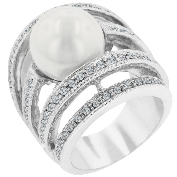 Clear round Crushed Shell Pearl accents in a channel-set 6.5 Mm rhodium plated over lead free alloy (brass) ring