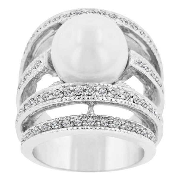 Clear round Crushed Shell Pearl ring with 1.14 ct total stone weight and rhodium plated over lead free alloy (brass)