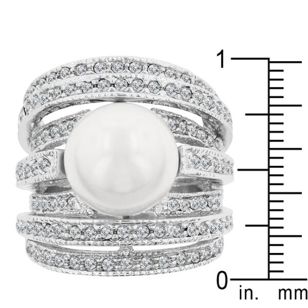 6.5 Mm ring with clear round Crushed Shell Pearl accents in a channel setting and rhodium plated over lead free alloy (brass)