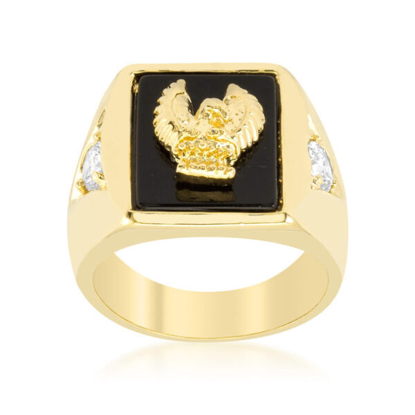 Contemporary eagle ring with round cubic zirconia in prongs and gold tone finish over lead free alloy (brass)