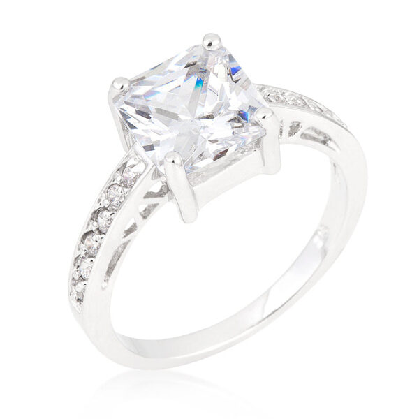 Clear princess-cut cubic zirconia ring in prongs, rhodium plated over lead free alloy (brass), with 2.1 ct total stone weight.