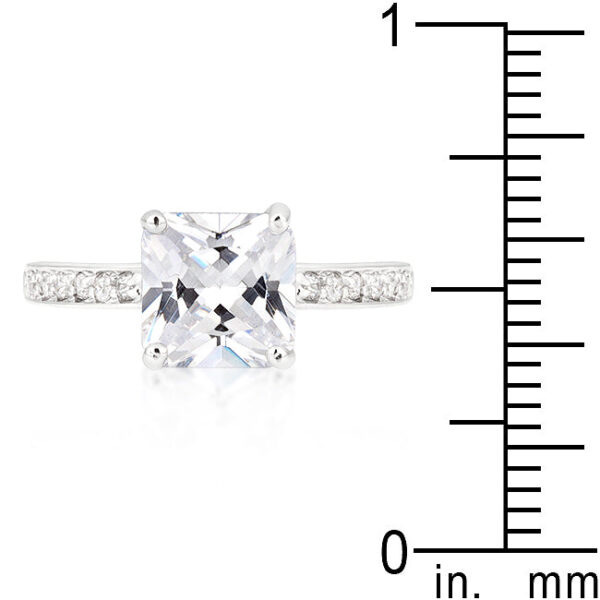Princess-cut clear cubic zirconia ring with 2.1 ct total stone weight, rhodium plated over lead free alloy (brass).