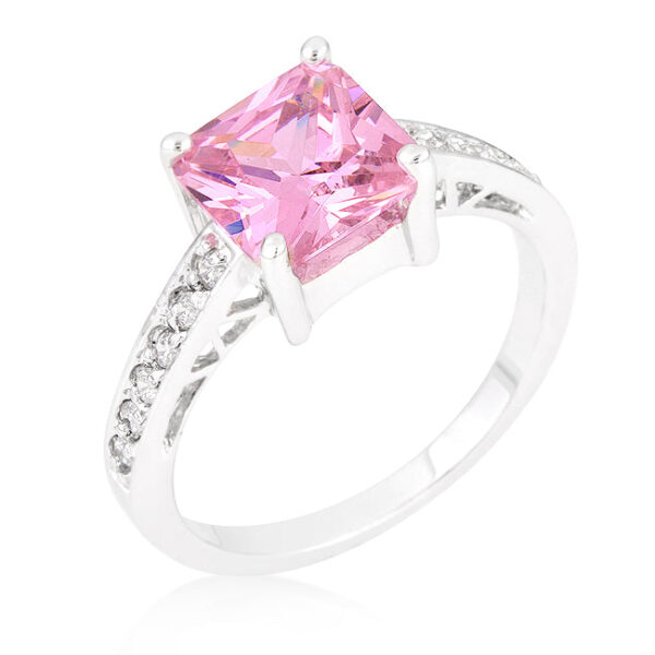 Green Princess-cut cubic zirconia ring in prongs, rhodium plated over lead free alloy (brass), with 2.1 ct total stone weight.