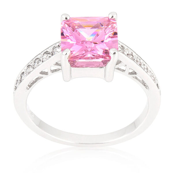 Princess-cut green cubic zirconia ring with prongs and 2.1 ct total stone weight in rhodium plated over lead free alloy (brass).