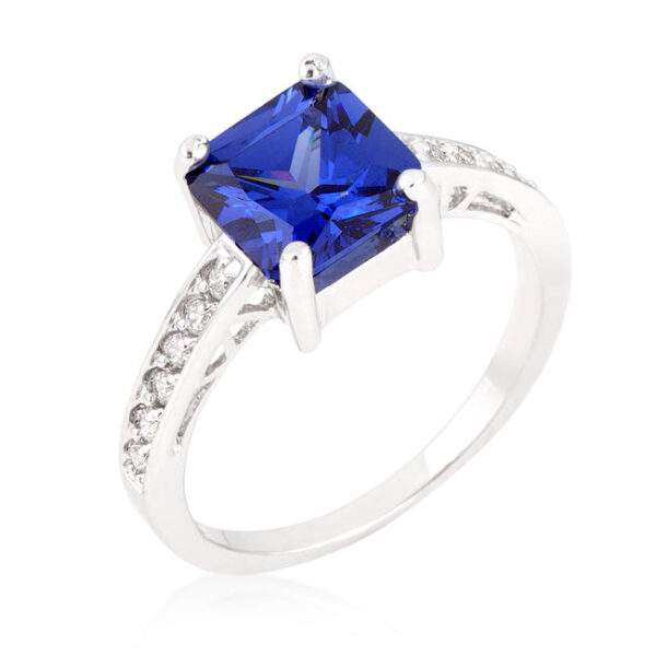 Green Princess-cut cubic zirconia ring in prongs, rhodium plated over lead free alloy (brass), with 2.1 ct total stone weight.