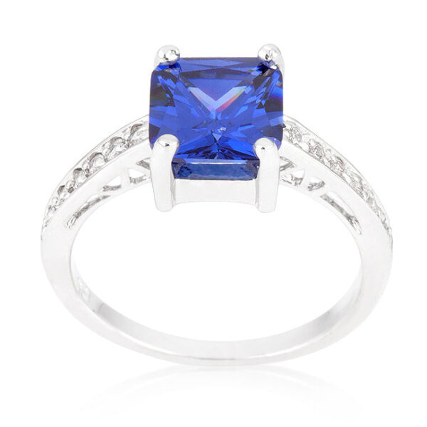 Rhodium plated over lead free alloy (brass) ring with green Princess-cut cubic zirconia in prongs and 1.6 Mm width.