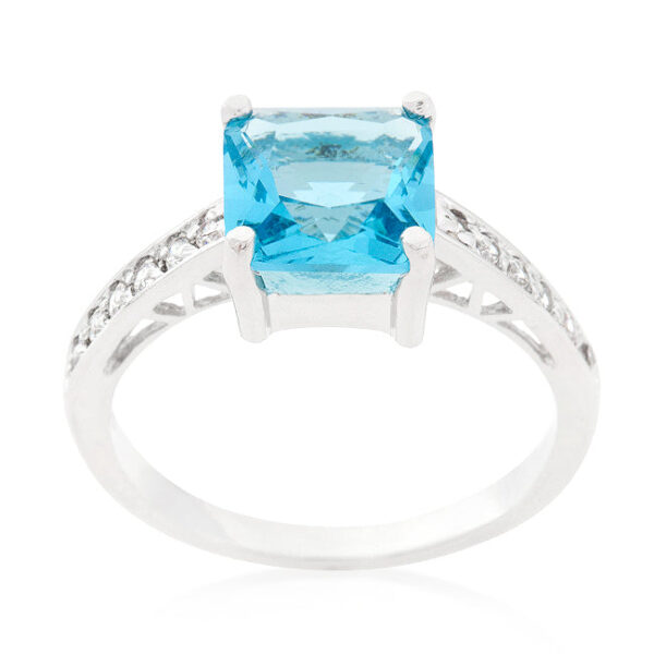 Cubic zirconia ring with a Princess cut in prongs, rhodium plated over .925 sterling silver, 2 Mm width.