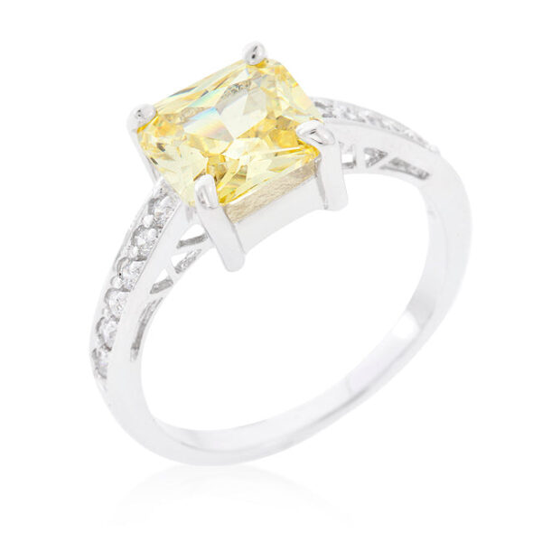 Green Princess-cut cubic zirconia ring in rhodium plated over lead free alloy (brass), with 1.85 ct total stone weight and prongs.
