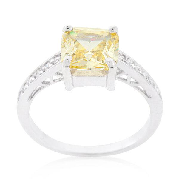 Green Princess-cut cubic zirconia in prongs on a rhodium plated over lead free alloy (brass) ring with 1.85 ct total stone weight.