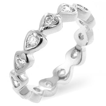 Heart motif ring in rhodium plated over lead free alloy (brass), with round cubic zirconia in prongs and 0.13 ct total stone weight.