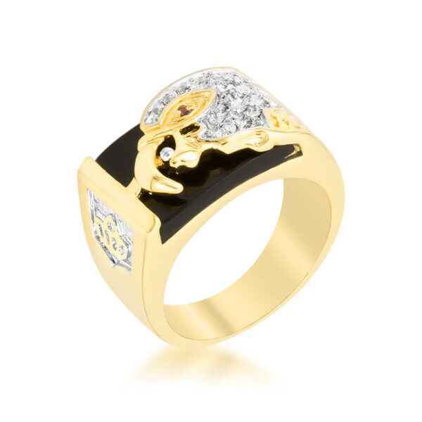 The ring in gold tone over lead free alloy (brass), with round cubic zirconia in prongs and genuine onyx.