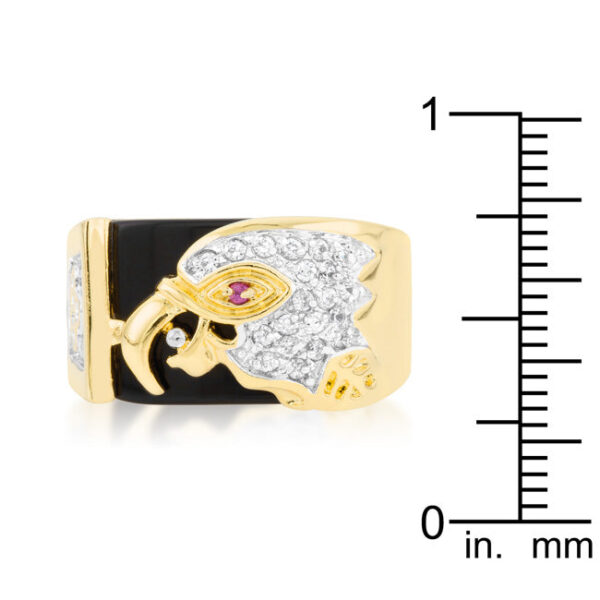 Contemporary eagle ring in gold tone over lead free alloy (brass), featuring 1.3 Mm round cubic zirconia accent stones in prongs.