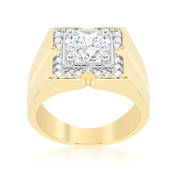 Star men's ring with round genuine cubic zirconia in prongs and gold tone over lead free alloy (brass).