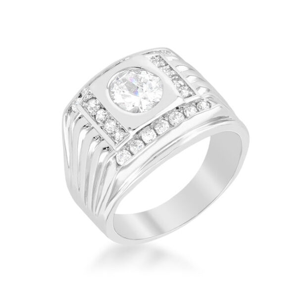 Classic square men's ring, rhodium plated over lead free alloy (brass), with oval cubic zirconia in prongs.