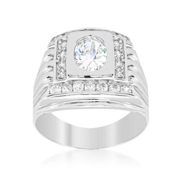 Men's square ring in rhodium plated over lead free alloy (brass) with oval cubic zirconia in prongs.