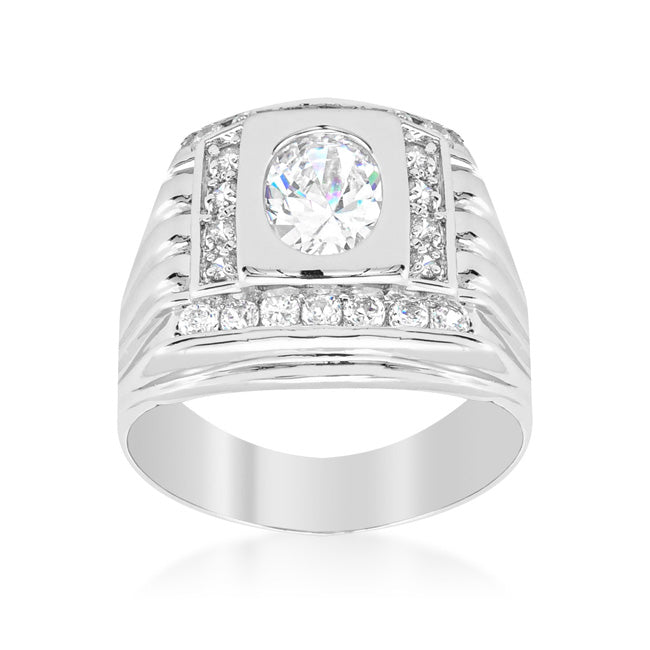 Men's square ring in rhodium plated over lead free alloy (brass) with oval cubic zirconia in prongs.