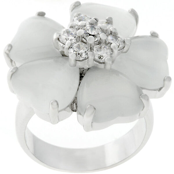 Floral ring with round Cats Eye and cubic zirconia in prongs, rhodium plated over lead free alloy (brass).