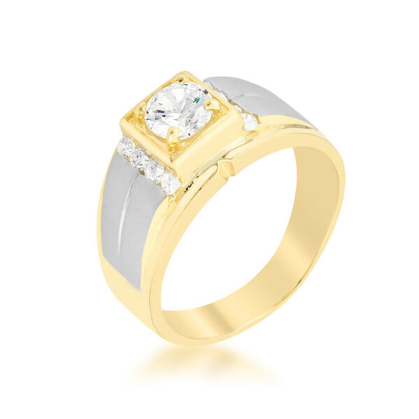 Two-tone men's ring in gold tone over lead free alloy (brass) with round cubic zirconia in prongs and 1.4 ct total stone weight.