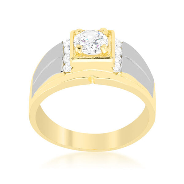 Classic two-tone men's ring with round cubic zirconia in prongs, gold tone over lead free alloy (brass), and 1.4 ct total stone weight.