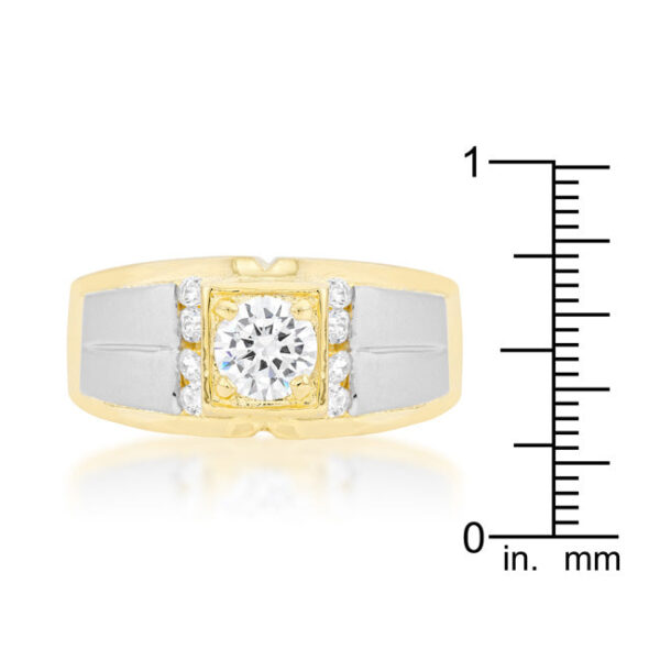 Round cubic zirconia men's ring in gold tone over lead free alloy (brass) with a prong setting and 4.6 Mm width.