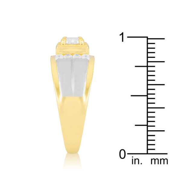 Two-tone men's cubic zirconia ring in gold tone over lead free alloy (brass), with 6 Mm round cubic zirconia in prongs.