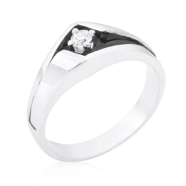 The ring, rhodium plated over lead free alloy (brass), with purple round cubic zirconia in prongs.