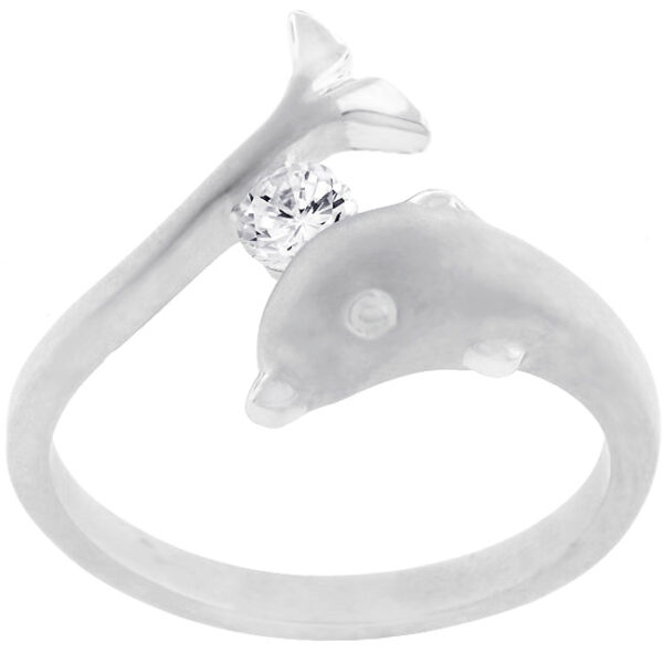 Dolphin ring with a 4.2 Mm green round cubic zirconia in a tension setting and silver tone matte finish over lead free alloy (brass).
