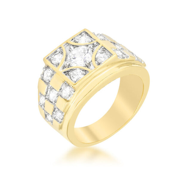 Checkerboard ring in gold tone over lead free alloy (brass), with round cubic zirconia in prongs.