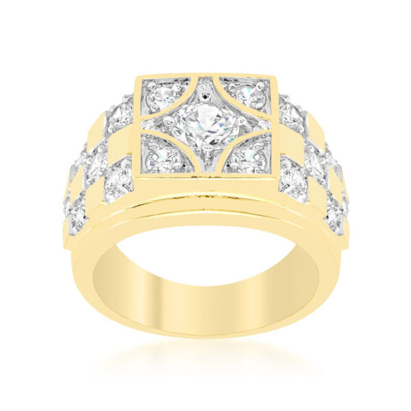 Checkerboard ring with round cubic zirconia in prongs and 2.75 ct total stone weight.