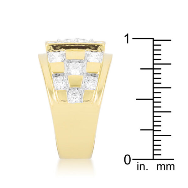 Checkerboard ring in gold tone over lead free alloy (brass) with round cubic zirconia accents.