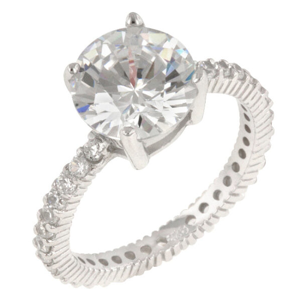 Clear round cubic zirconia ring in prongs with 4.01 ct total stone weight.