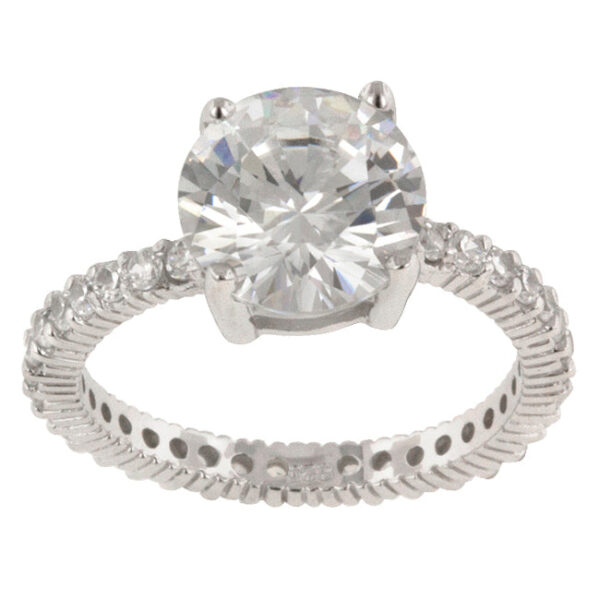 Contemporary clear cubic zirconia ring with a 10 Mm stone size and 2.6 Mm width.