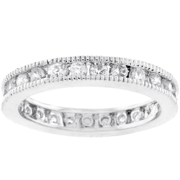 The band with round cubic zirconia in a channel setting, rhodium plated over lead free alloy (brass).