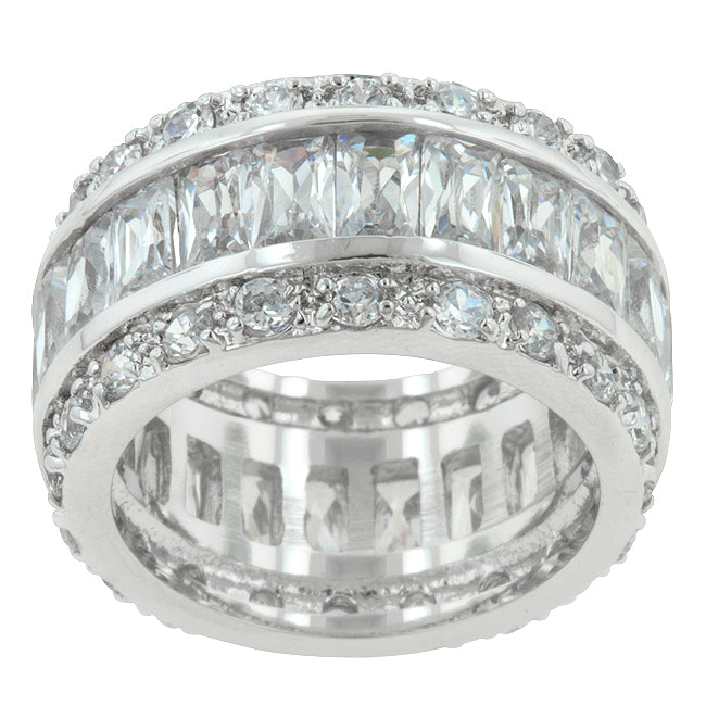 Triple-row eternity ring with clear -cut cubic zirconia in a channel setting.