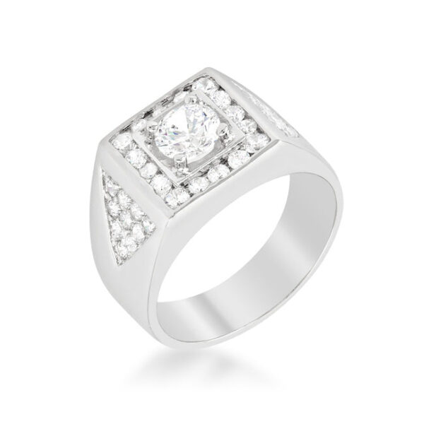 Men's ring with round cubic zirconia pave set in prongs, 1.65 ct total stone weight, rhodium plated over lead free alloy (brass).