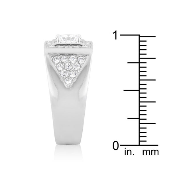 Pave set men's ring with round cubic zirconia in prongs, rhodium plated over lead free alloy (brass).