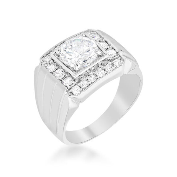 The ring with round cubic zirconia in prongs, silver tone over lead free alloy (brass).