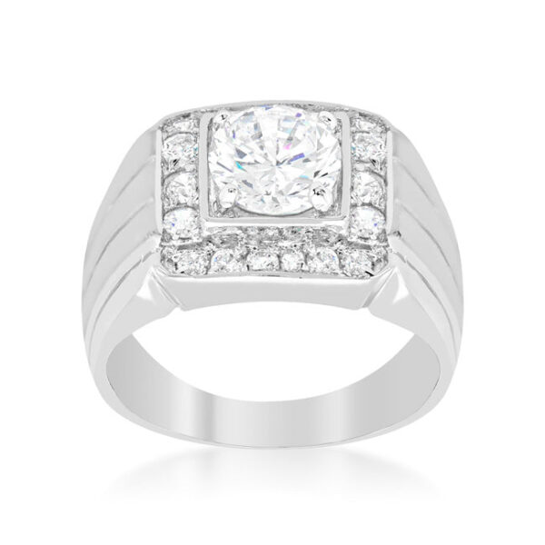 Classic men's ring with genuine round cubic zirconia in prongs and a silver tone over lead free alloy (brass) finish.