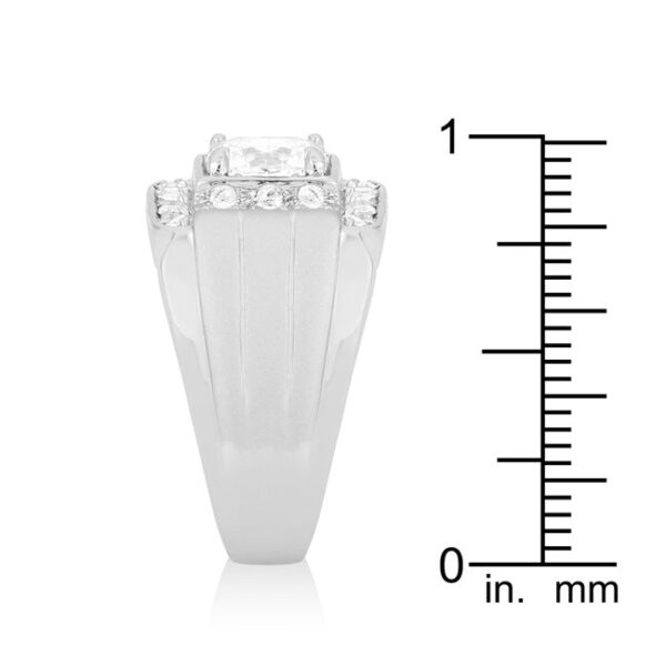 Round cubic zirconia prong-set men's ring with a silver tone over lead free alloy (brass) plated finish.