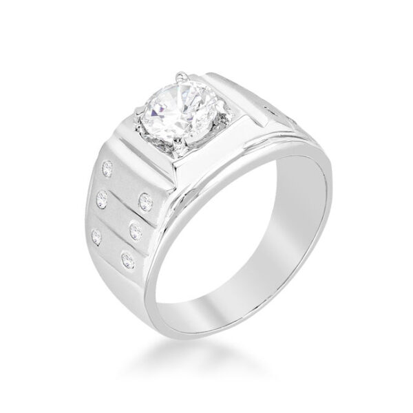 Iron Man ring with round cubic zirconia in prongs, 1.3 ct total stone weight, silver tone over lead free alloy (brass).