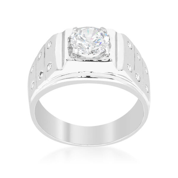 Classic Iron Man ring with 7 Mm round cubic zirconia in prongs and silver tone over lead free alloy (brass).