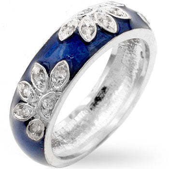 Enamel leaf ring with round cubic zirconia in prongs, rhodium plated over lead free alloy (brass).