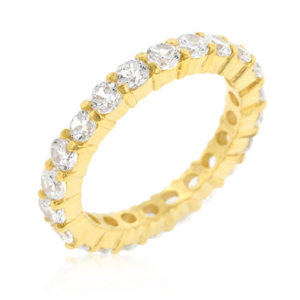 Round cubic zirconia band ring in gold tone finish over lead free alloy (brass), with 3.9 ct total carat weight.