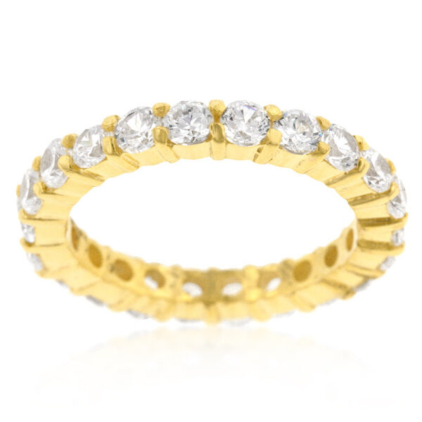 Anniversary-style band ring with round cubic zirconia in prongs and gold tone finish over lead free alloy (brass).