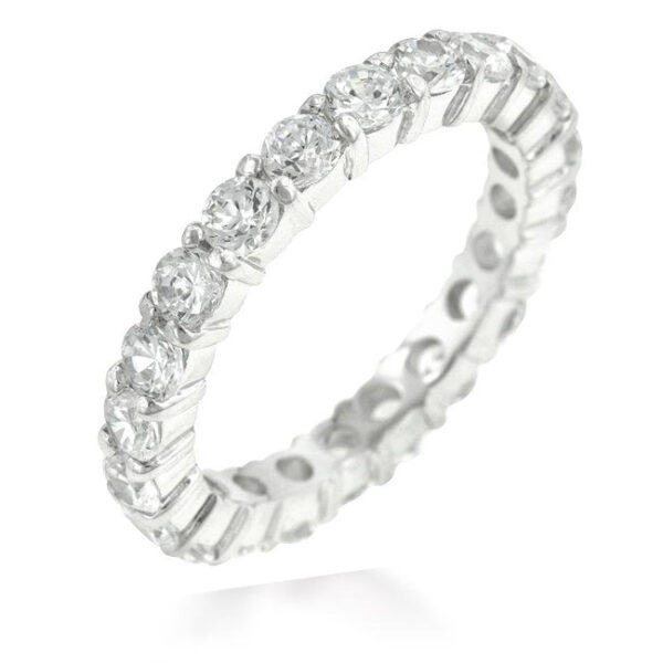 Round cubic zirconia band ring in prongs, rhodium plated over lead free alloy (brass), with 3.9 ct total stone weight.