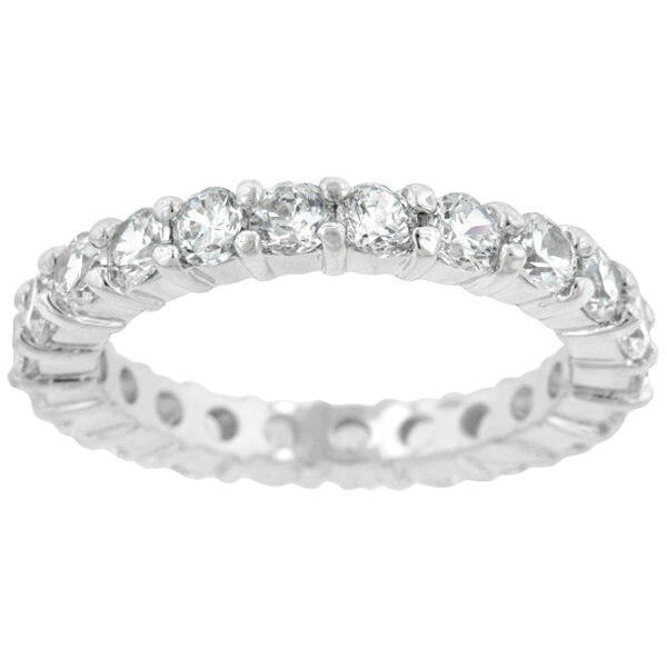 Anniversary band ring with round cubic zirconia in prongs and rhodium plated over lead free alloy (brass).