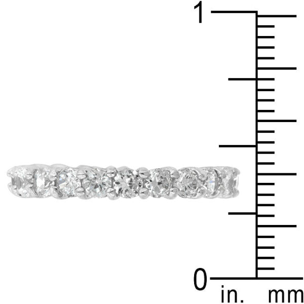 Rhodium plated over lead free alloy (brass) band ring with 3.9 ct total stone weight and round cubic zirconia.