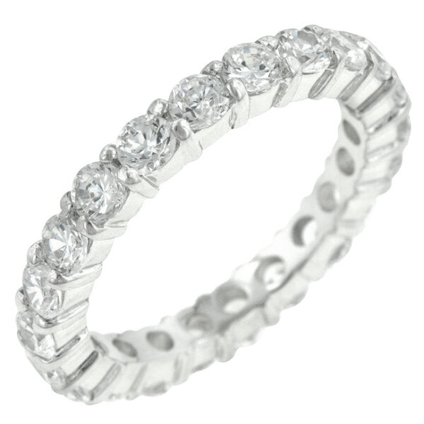 Rhodium plated over .925 sterling silver anniversary band with round champagne cubic zirconia in prongs