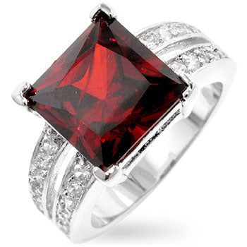 Garnet-colored princess-cut cubic zirconia ring in prongs, rhodium plated over lead free alloy (brass).